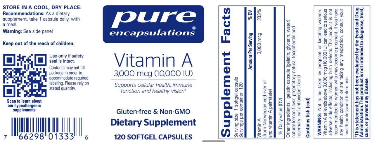 Vitamin A 10,000 IU 120 gels * Pure Encapsulations Supplement - Conners Clinic