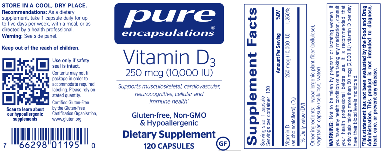 Vitamin D3 10,000 IU 120 vcaps * Pure Encapsulations Supplement - Conners Clinic