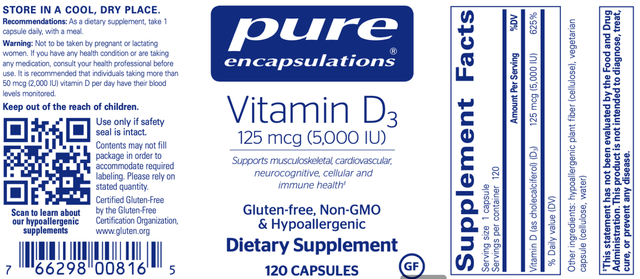 Vitamin D3 5000 IU 120 vcaps * Pure Encapsulations Supplement - Conners Clinic