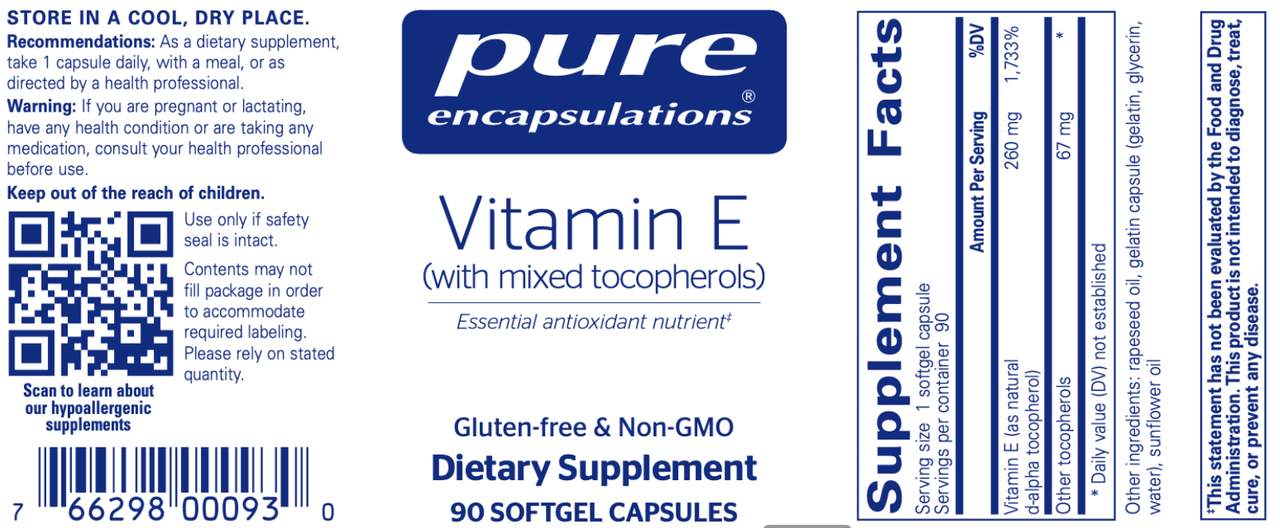 Vitamin E (Natural) 90 gels * Pure Encapsulations Supplement - Conners Clinic