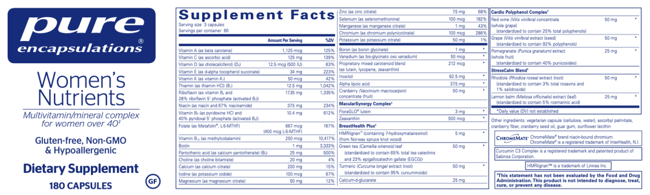 Women's Nutrients 180 vcaps * Pure Encapsulations Supplement - Conners Clinic